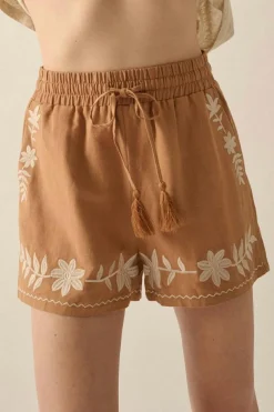 Fashion Dear-Lover Embroidered Boho Tasseled Drawstring Elastic Waist Casual shorts Khaki