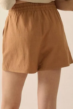 Fashion Dear-Lover Embroidered Boho Tasseled Drawstring Elastic Waist Casual shorts Khaki