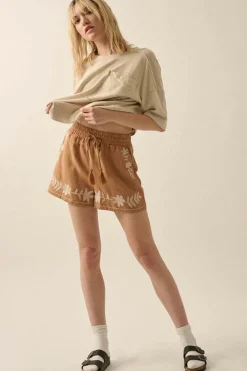 Fashion Dear-Lover Embroidered Boho Tasseled Drawstring Elastic Waist Casual shorts Khaki