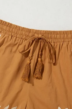 Fashion Dear-Lover Embroidered Boho Tasseled Drawstring Elastic Waist Casual shorts Khaki