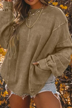 Hot Dear-Lover Exposed Seam Twist Open Back Oversized Sweatshirt Khaki