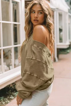Hot Dear-Lover Exposed Seam Twist Open Back Oversized Sweatshirt Khaki