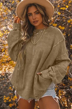 Hot Dear-Lover Exposed Seam Twist Open Back Oversized Sweatshirt Khaki