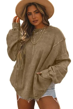Hot Dear-Lover Exposed Seam Twist Open Back Oversized Sweatshirt Khaki