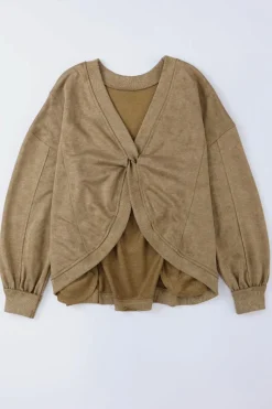 Hot Dear-Lover Exposed Seam Twist Open Back Oversized Sweatshirt Khaki