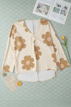 Hot Dear-Lover Floral Print High Low Pintuck V Neck Oversized Blouse Khaki