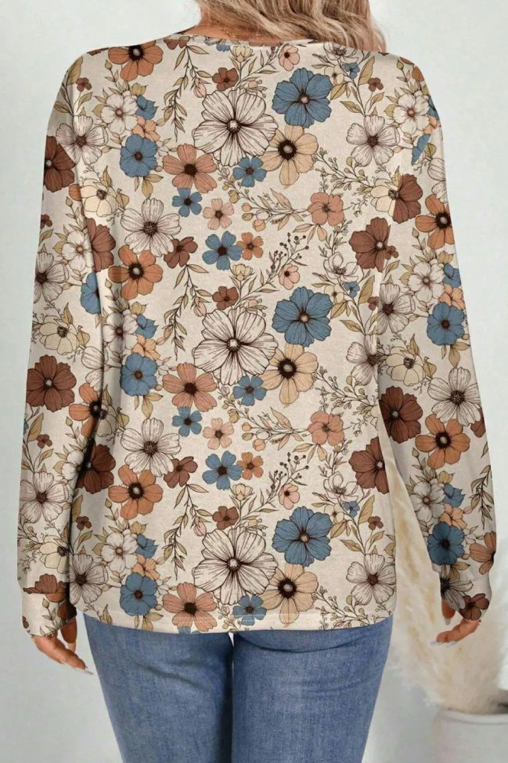 Sale Dear-Lover Floral Print Loose Crew Neck Long Sleeve T Shirt Khaki