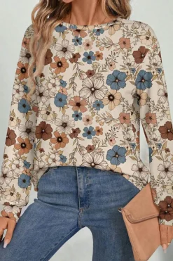 Sale Dear-Lover Floral Print Loose Crew Neck Long Sleeve T Shirt Khaki