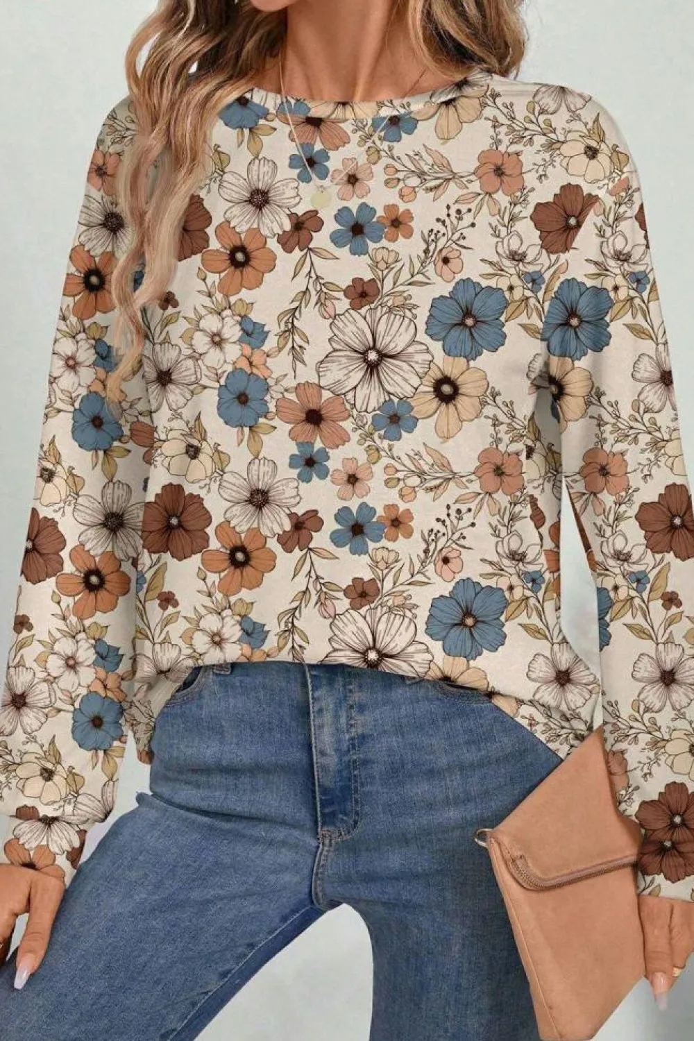 Sale Dear-Lover Floral Print Loose Crew Neck Long Sleeve T Shirt Khaki