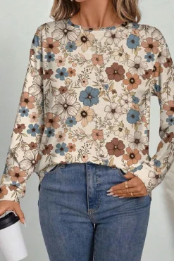 Sale Dear-Lover Floral Print Loose Crew Neck Long Sleeve T Shirt Khaki
