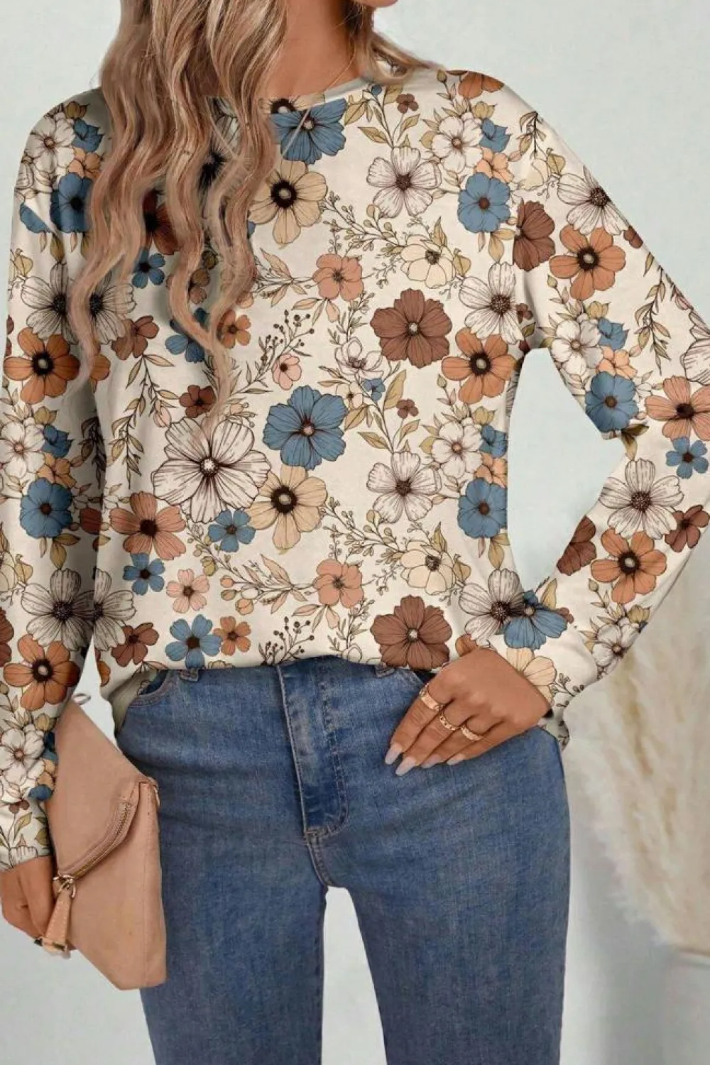 Sale Dear-Lover Floral Print Loose Crew Neck Long Sleeve T Shirt Khaki