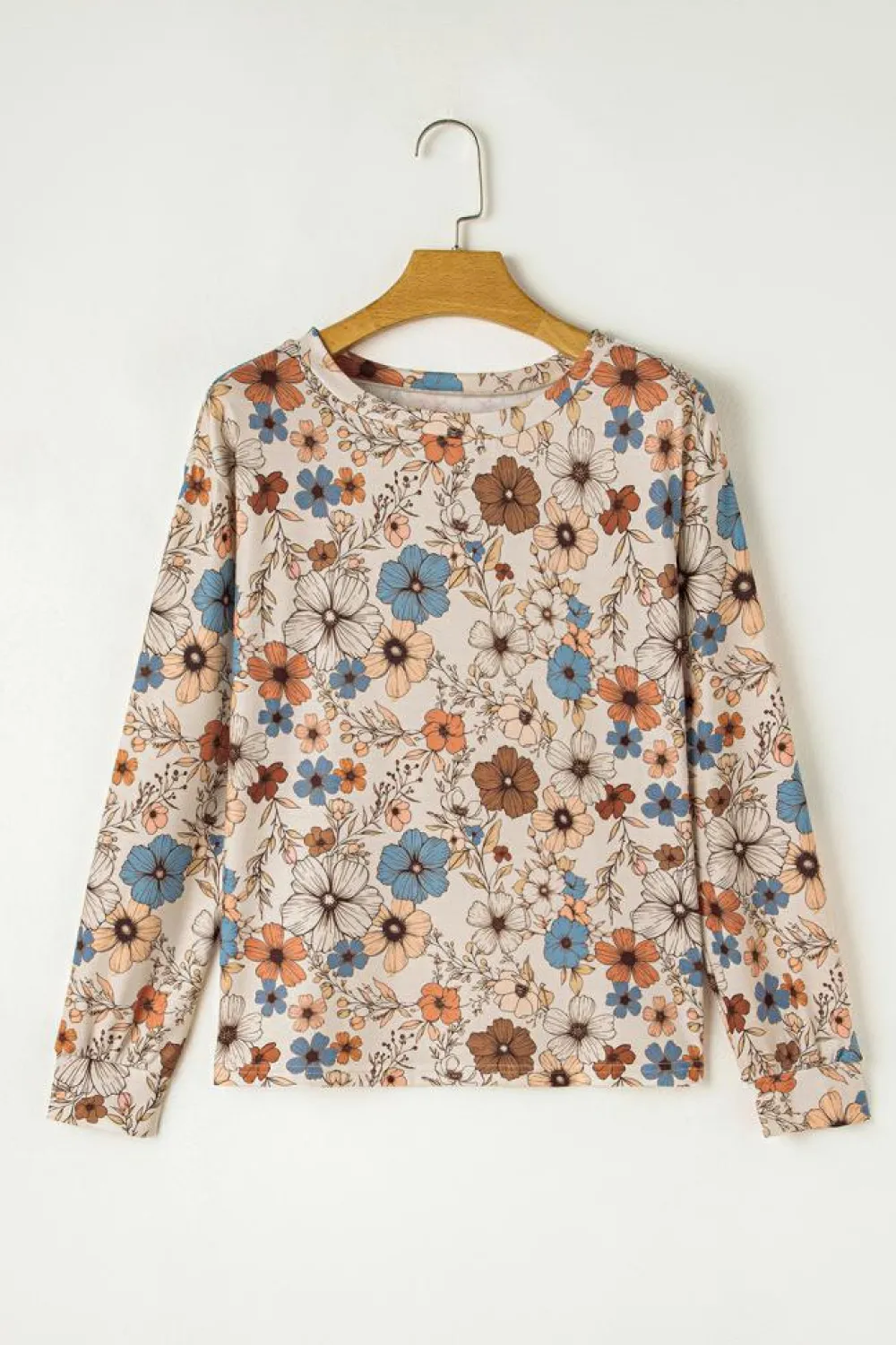 Sale Dear-Lover Floral Print Loose Crew Neck Long Sleeve T Shirt Khaki