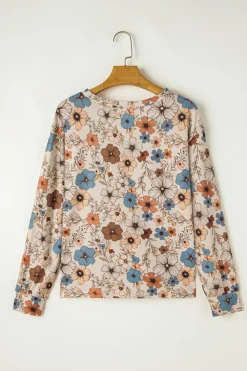 Sale Dear-Lover Floral Print Loose Crew Neck Long Sleeve T Shirt Khaki