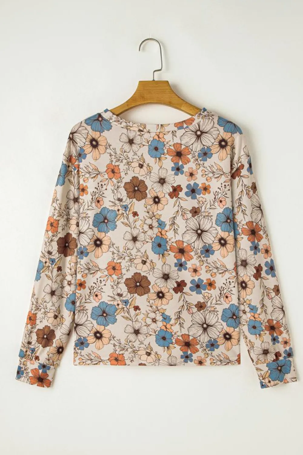 Sale Dear-Lover Floral Print Loose Crew Neck Long Sleeve T Shirt Khaki