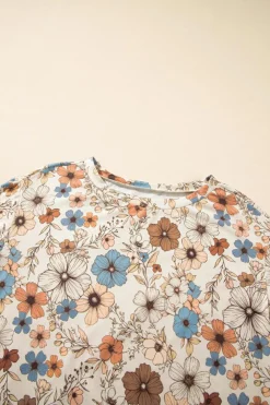 Sale Dear-Lover Floral Print Loose Crew Neck Long Sleeve T Shirt Khaki