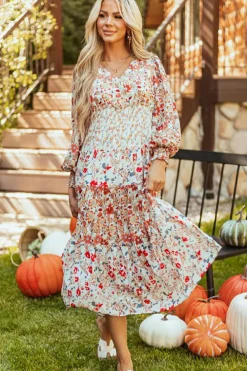 Online Dear-Lover Floral Print Ruffled Tiered Long Sleeve V Neck Midi Dress Khaki