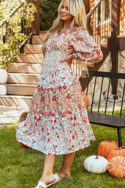 Online Dear-Lover Floral Print Ruffled Tiered Long Sleeve V Neck Midi Dress Khaki