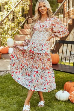 Online Dear-Lover Floral Print Ruffled Tiered Long Sleeve V Neck Midi Dress Khaki