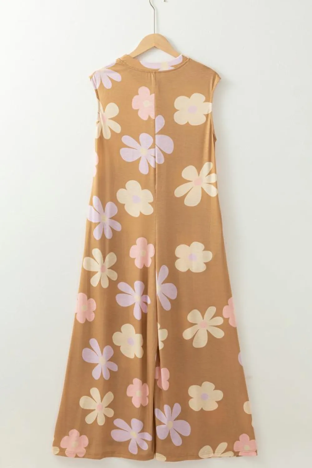 Fashion Dear-Lover Floral Print Sleeveless Button up Wide Leg Loose Jumpsuit Khaki