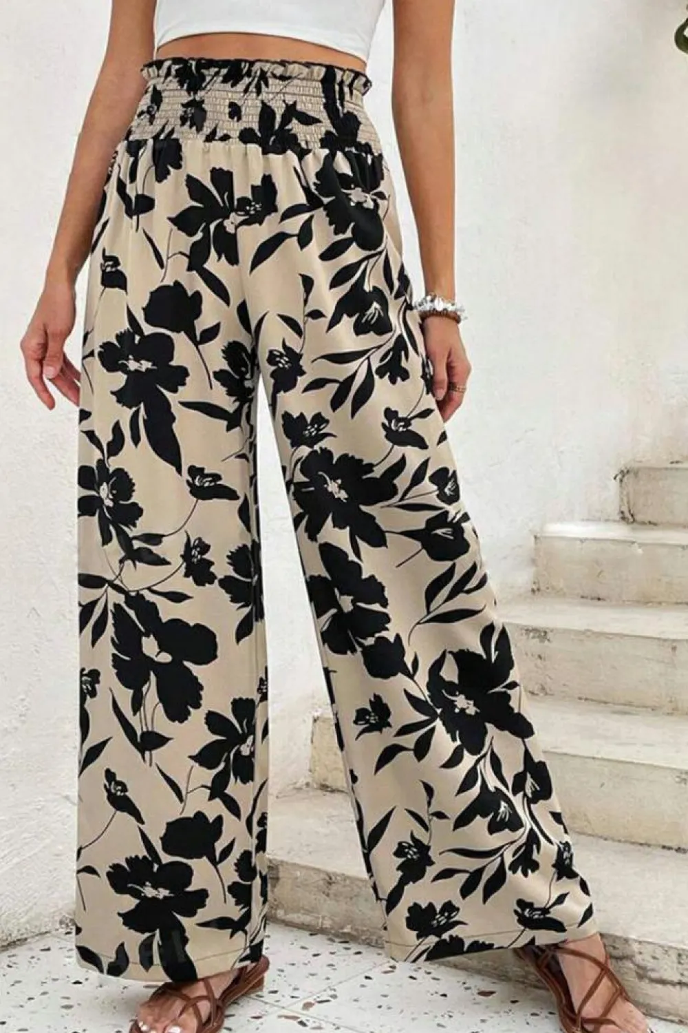 Sale Dear-Lover Floral Print Smocked High Waist Wide Leg Pants Khaki