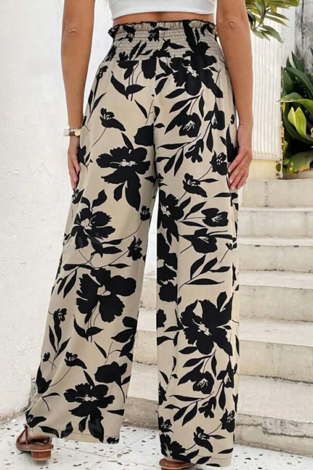 Sale Dear-Lover Floral Print Smocked High Waist Wide Leg Pants Khaki