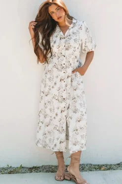 Best Dear-Lover Floral Puff Sleeve V Neck Buttoned Front Maxi Dress Khaki