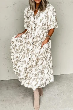 Best Dear-Lover Floral Puff Sleeve V Neck Buttoned Front Maxi Dress Khaki
