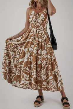 Clearance Dear-Lover Floral Shirred High Waist Spaghetti Straps Maxi Dress Khaki
