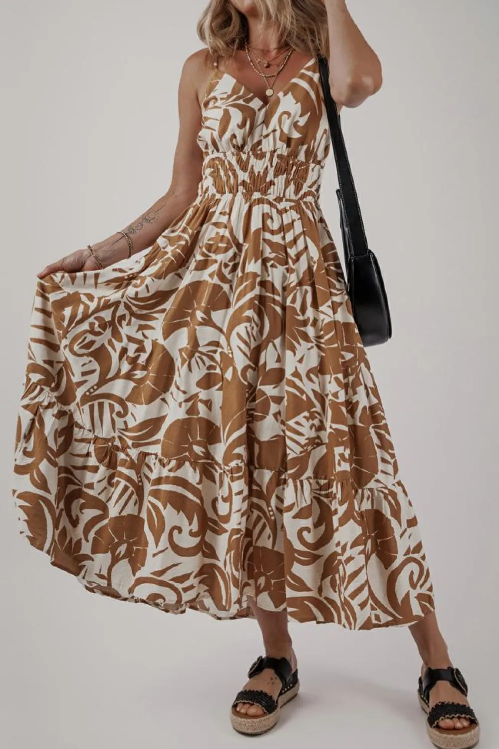 Clearance Dear-Lover Floral Shirred High Waist Spaghetti Straps Maxi Dress Khaki