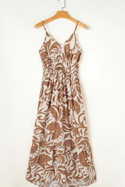 Clearance Dear-Lover Floral Shirred High Waist Spaghetti Straps Maxi Dress Khaki