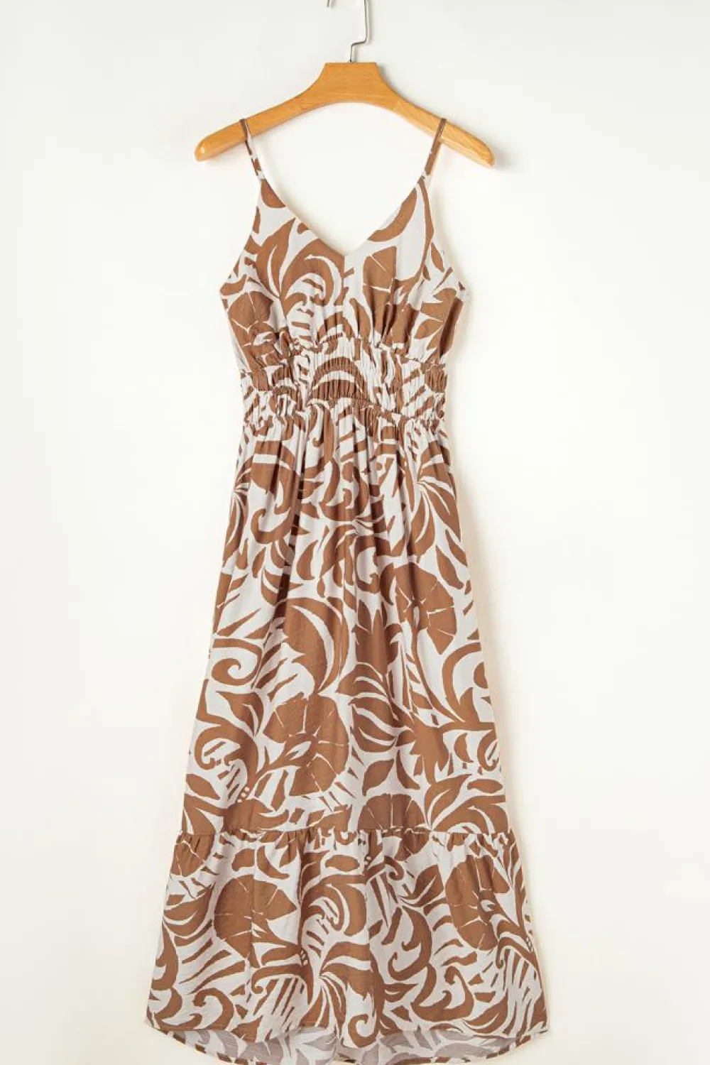 Clearance Dear-Lover Floral Shirred High Waist Spaghetti Straps Maxi Dress Khaki
