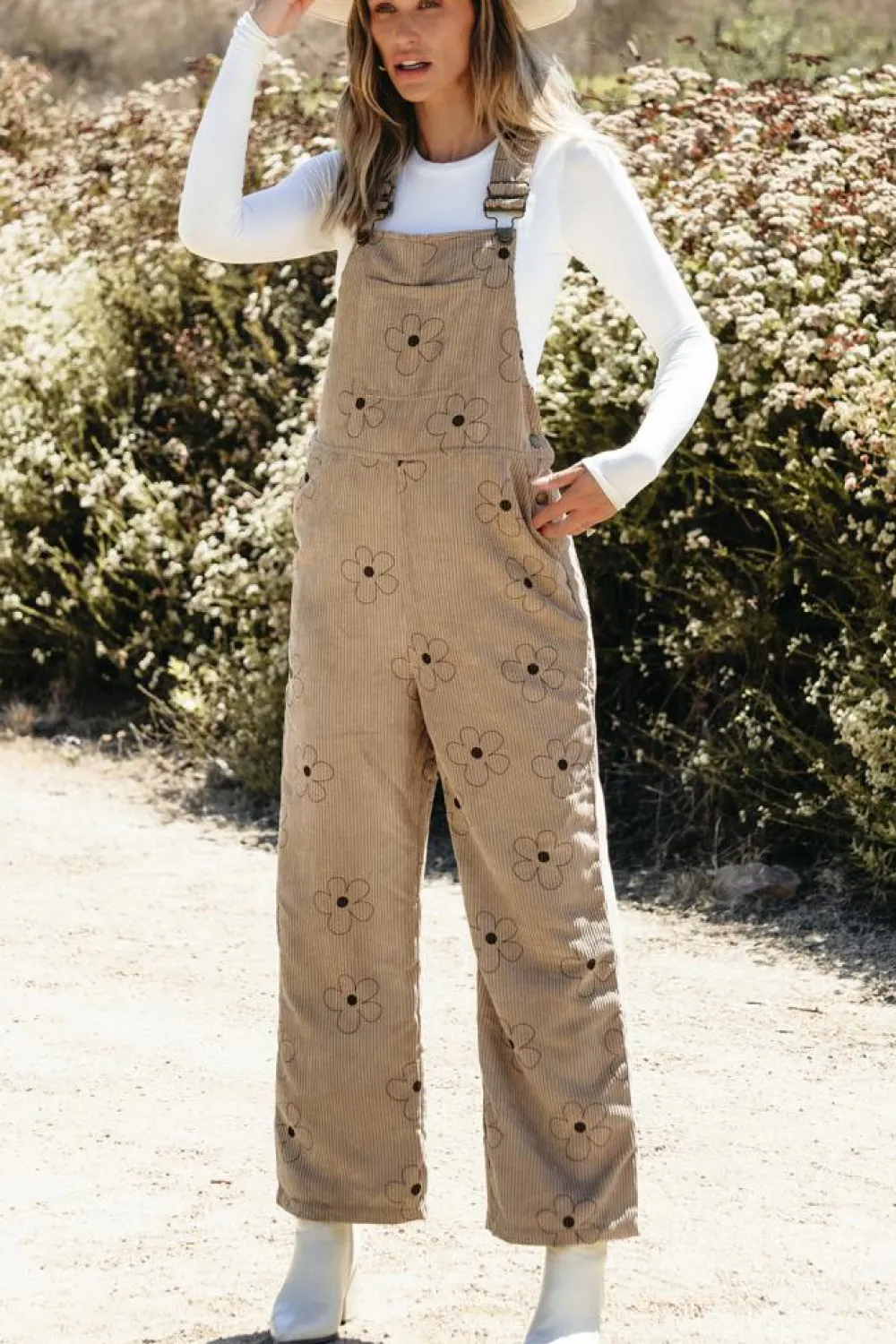Best Dear-Lover Flower Print Corduroy Overalls Khaki