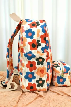 Discount Dear-Lover Flower Print Corduroy Backpack with Matching Pouch Khaki