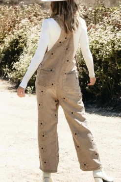 Best Dear-Lover Flower Print Corduroy Overalls Khaki