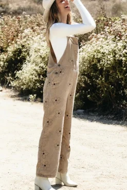 Best Dear-Lover Flower Print Corduroy Overalls Khaki