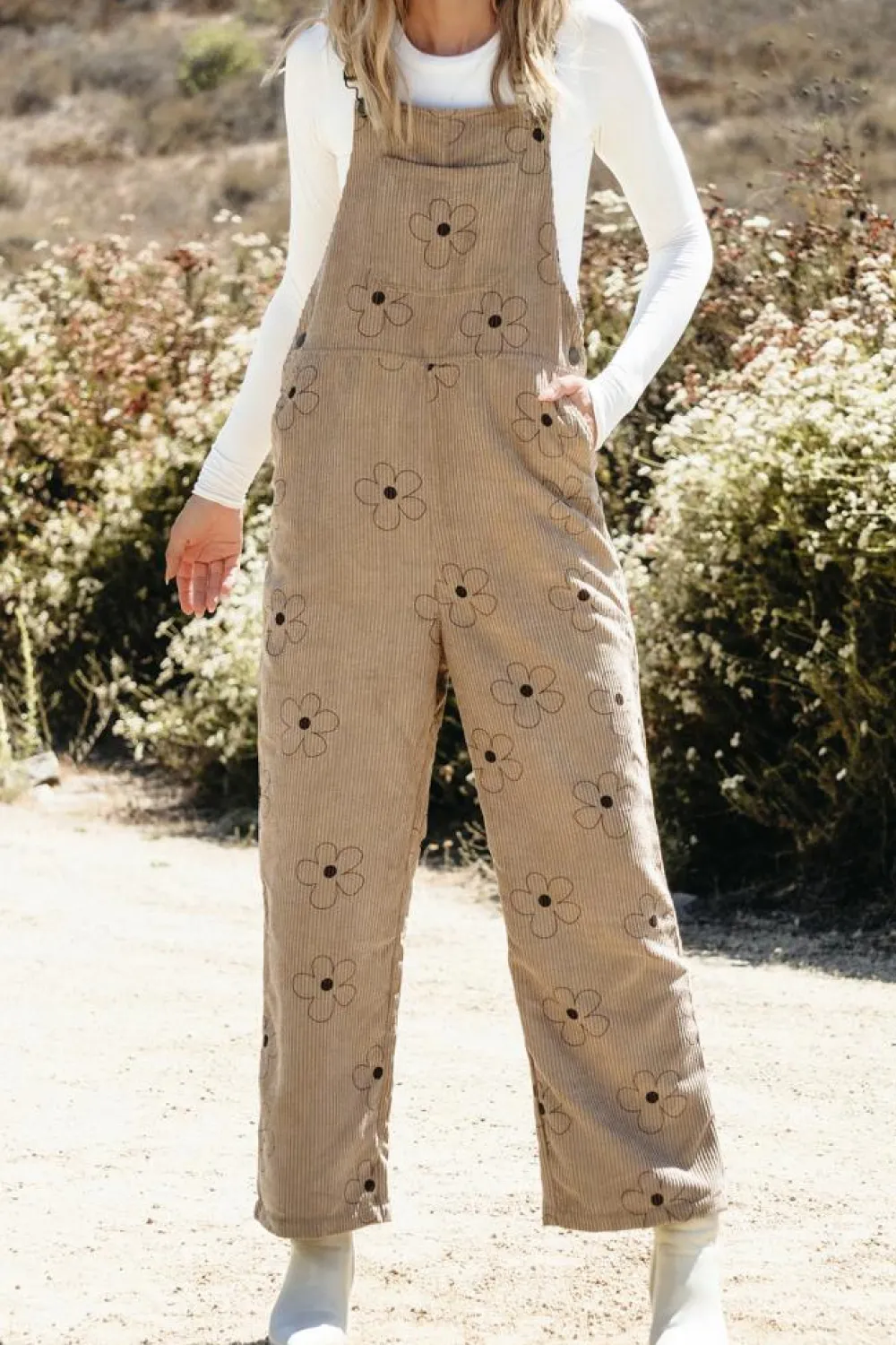 Best Dear-Lover Flower Print Corduroy Overalls Khaki