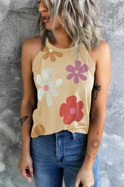 New Dear-Lover Flower Print Round Neck Tank Khaki