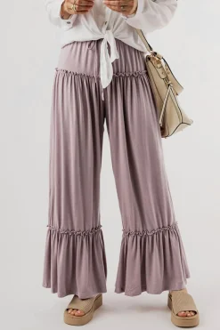 Fashion Dear-Lover Frilled Drawstring High Waist Wide Leg Pants Khaki