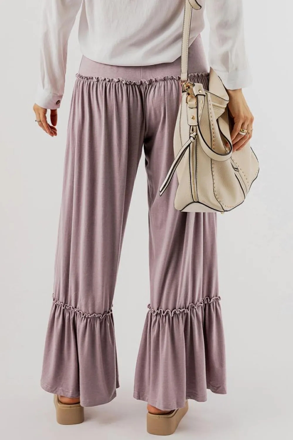 Fashion Dear-Lover Frilled Drawstring High Waist Wide Leg Pants Khaki