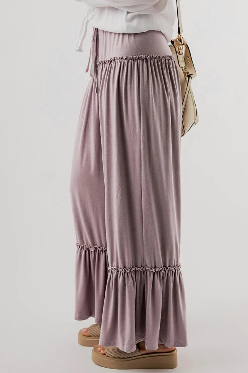 Fashion Dear-Lover Frilled Drawstring High Waist Wide Leg Pants Khaki