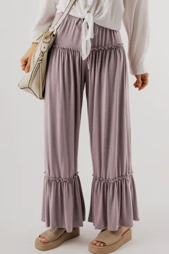 Fashion Dear-Lover Frilled Drawstring High Waist Wide Leg Pants Khaki