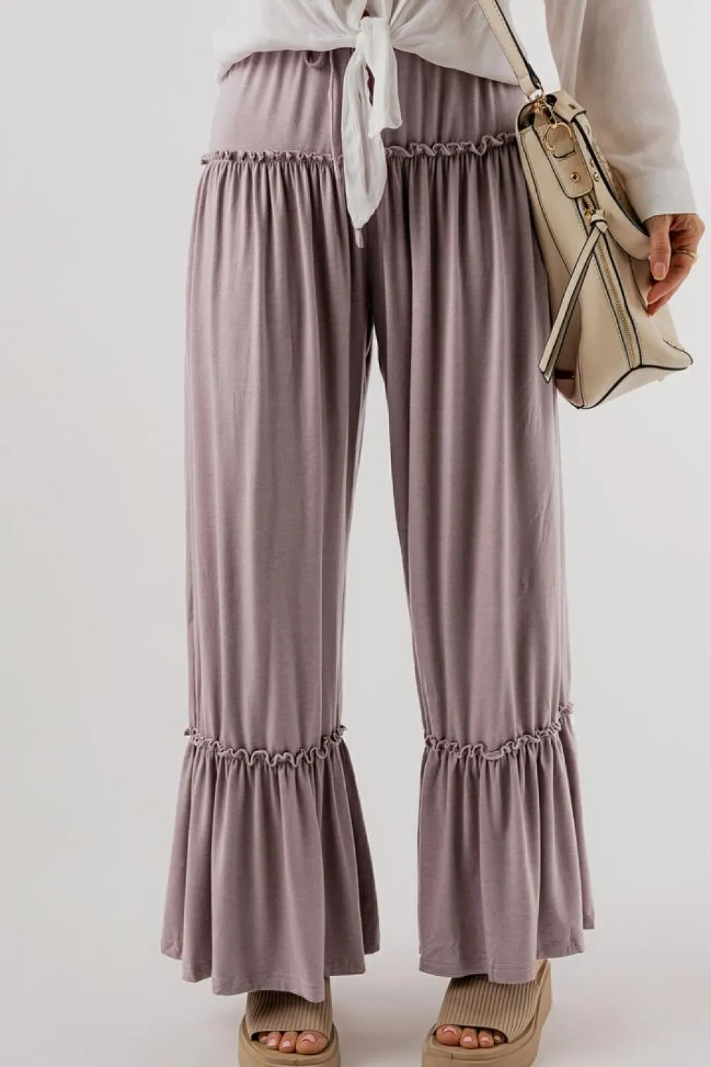 Fashion Dear-Lover Frilled Drawstring High Waist Wide Leg Pants Khaki