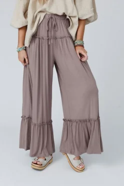 Fashion Dear-Lover Frilled Drawstring High Waist Wide Leg Pants Khaki
