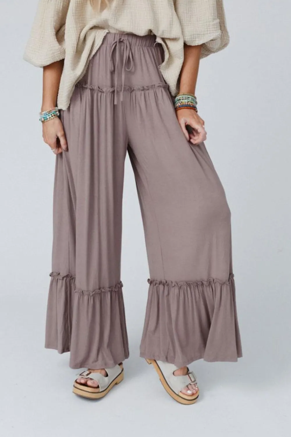 Fashion Dear-Lover Frilled Drawstring High Waist Wide Leg Pants Khaki