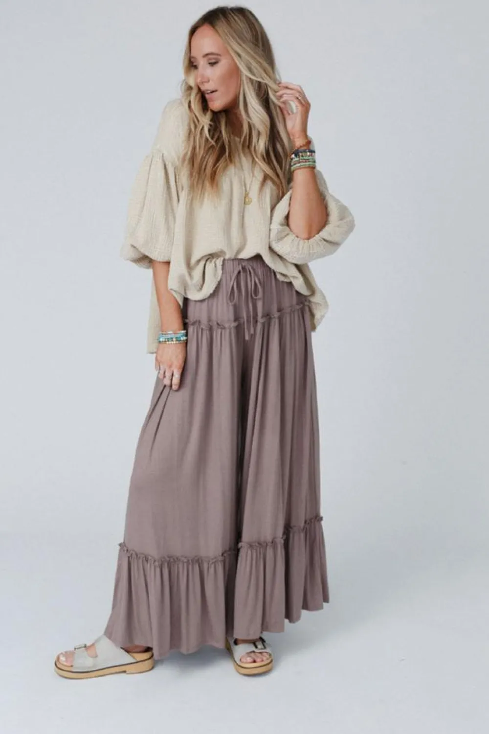 Fashion Dear-Lover Frilled Drawstring High Waist Wide Leg Pants Khaki