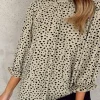 Sale Dear-Lover Frilled Neck 3/4 Sleeves Cheetah Blouse Khaki