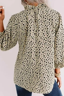Sale Dear-Lover Frilled Neck 3/4 Sleeves Cheetah Blouse Khaki