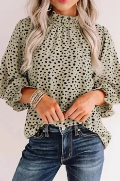 Sale Dear-Lover Frilled Neck 3/4 Sleeves Cheetah Blouse Khaki