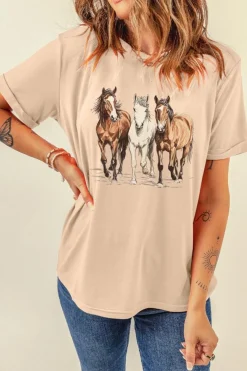 Discount Dear-Lover Gallant Horses Printed Casual T Shirt Khaki