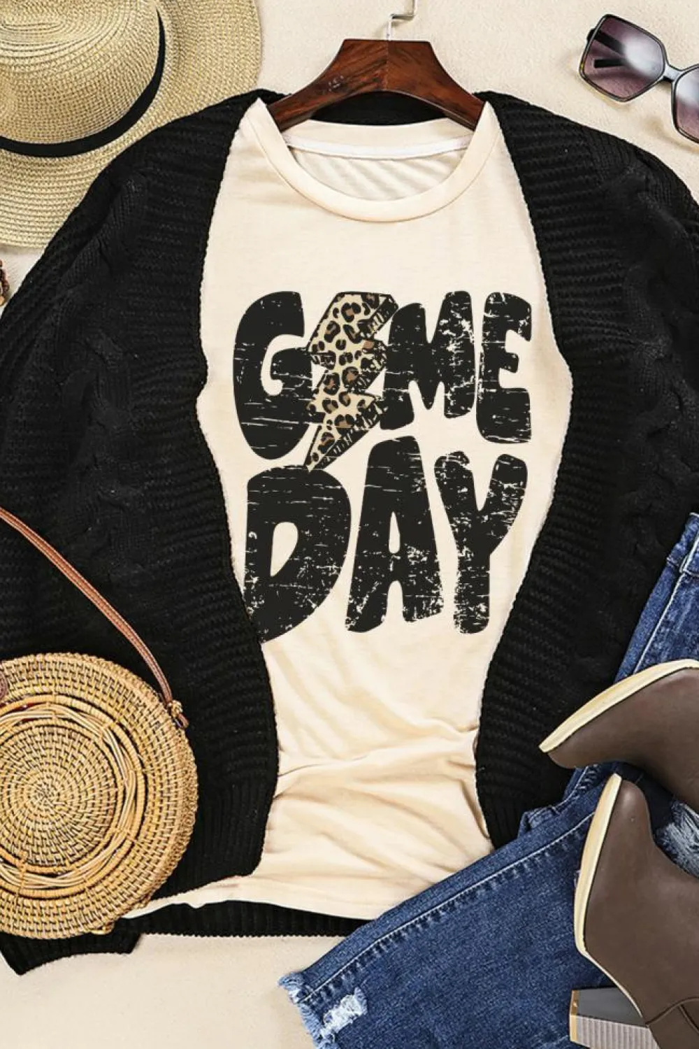 New Dear-Lover Game Day Rugby Football Season Leopard Lightning T Shirt Khaki